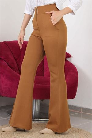 Neşeli butik kadın yüksek bel ispanyol paça likralı kumaş pantolon QNS018