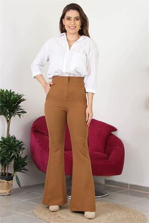 Neşeli butik kadın yüksek bel ispanyol paça likralı kumaş pantolon QNS018