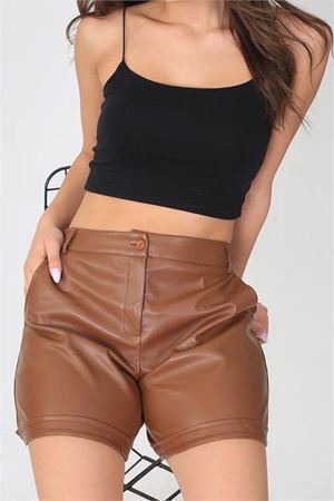 Neşeli butik kadın cep detaylı yeni sezon deri şort AYSL101 - Taba