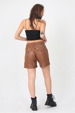 Neşeli butik kadın cep detaylı yeni sezon deri şort AYSL101 - Taba