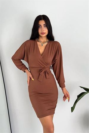 Neşeli butik kadın kuşaklı kruvaze yaka örme elbise KKLF47