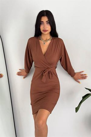 Neşeli butik kadın kuşaklı kruvaze yaka örme elbise KKLF47