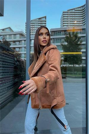 Neşeli butik kadın taba içi kürklü süet ceket MYLK11