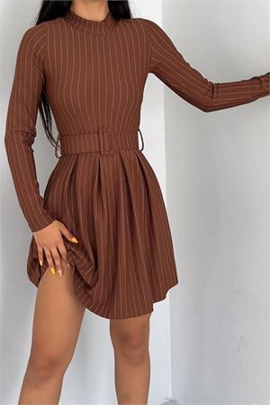 Neşeli butik kadın kemerli mini çizgili elbise KKLF58 - Taba
