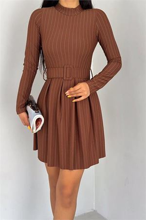 Neşeli butik kadın kemerli mini çizgili elbise KKLF58 - Taba