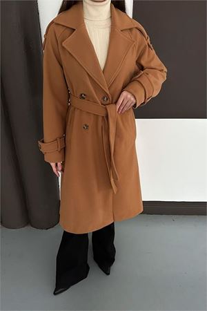 Neşeli butik Kadın Taba Kuşaklı Omuz Detaylı Kaşe Kaban RYKBN01