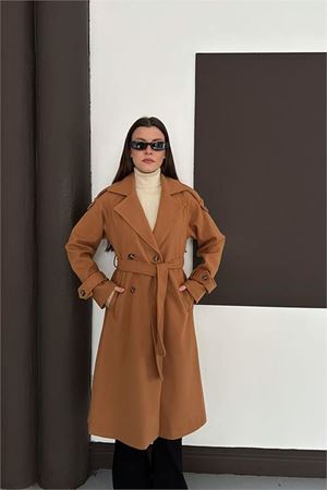 Neşeli butik Kadın Taba Kuşaklı Omuz Detaylı Kaşe Kaban RYKBN01
