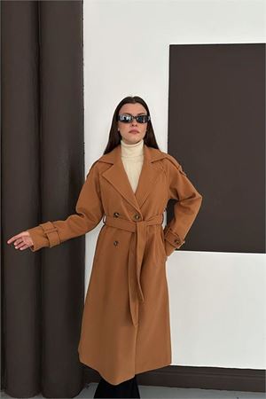 Neşeli butik Kadın Taba Kuşaklı Omuz Detaylı Kaşe Kaban RYKBN01