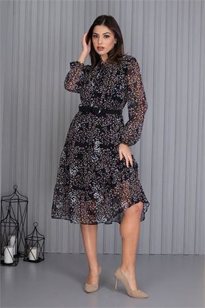 Neşeli butik kadın kemerli desenli yeni sezon midi boy şifon elbise APCX04