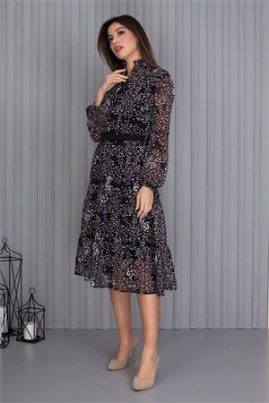 Neşeli butik kadın kemerli desenli yeni sezon midi boy şifon elbise APCX04