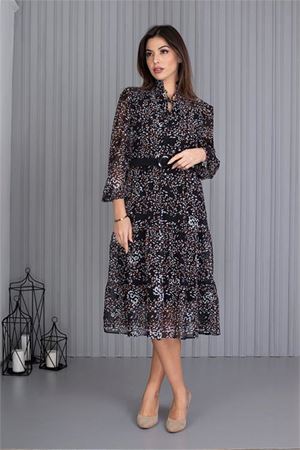 Neşeli butik kadın kemerli desenli yeni sezon midi boy şifon elbise APCX04