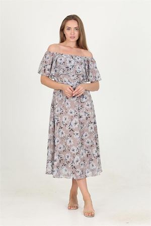 Neşeli butik kadın madonna yaka kuşaklı desenli şifon elbise RY10037