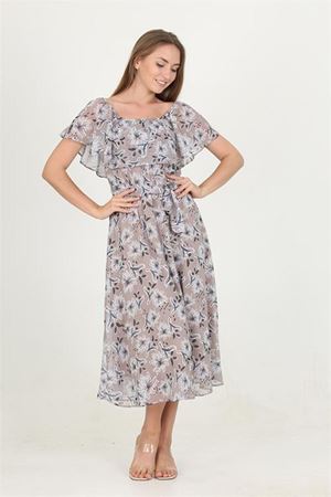 Neşeli butik kadın madonna yaka kuşaklı desenli şifon elbise RY10037