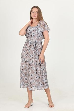 Neşeli butik kadın madonna yaka kuşaklı desenli şifon elbise RY10037