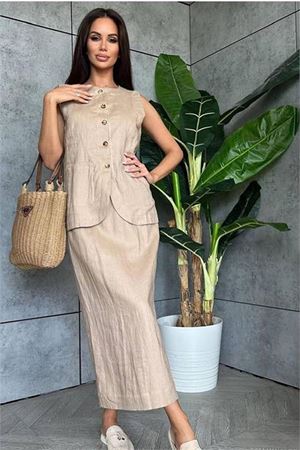 Neşeli butik kadın keten etek yelek alt üst ikili takım NBEMP1072