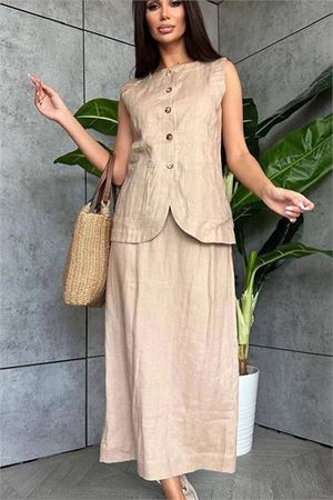 Neşeli butik kadın keten etek yelek alt üst ikili takım NBEMP1072