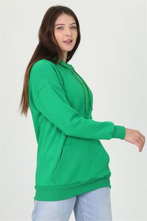 Neşeli butik kadın yeşil kapüşonlu kanguru cepli üç iplik sweatshirt FVR002