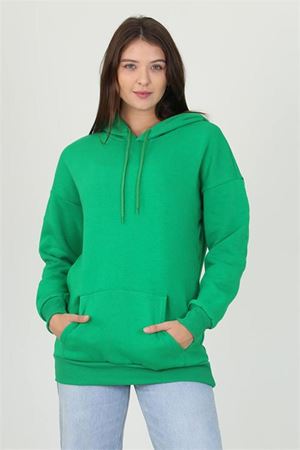 Neşeli butik kadın yeşil kapüşonlu kanguru cepli üç iplik sweatshirt FVR002