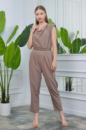 Neşeli butik Vizon kadın vatkalı kemer detaylı sıfır kol cepli tulum NB10051