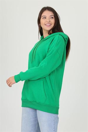 Neşeli butik kadın yeşil kapüşonlu kanguru cepli üç iplik sweatshirt FVR002