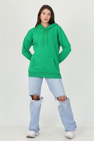 Neşeli butik kadın yeşil kapüşonlu kanguru cepli üç iplik sweatshirt FVR002
