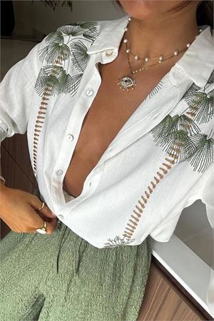 Neşeli butik kadın nakış detaylı gömlek pantolon ikili keten takım NBEMP2514