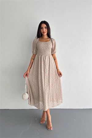 Neşeli butik kadın vizon kare yaka dantel elbise NBK053