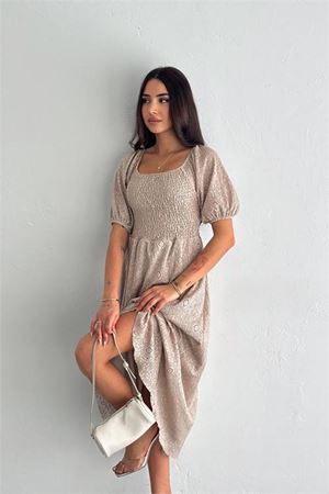 Neşeli butik kadın vizon kare yaka dantel elbise NBK053