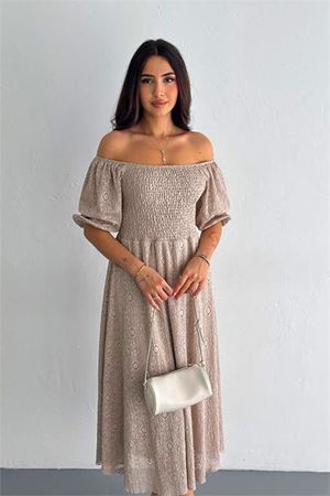 Neşeli butik kadın vizon kare yaka dantel elbise NBK053