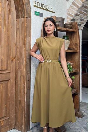 Neşeli butik kadın yeşil omuz vatkalı midi boy kemer detaylı elbise NBMY4066