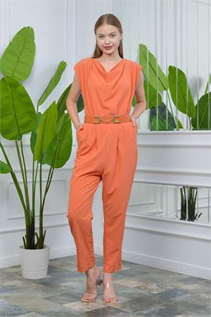 Neşeli butik orange kadın vatkalı kemer detaylı sıfır kol cepli tulum NB10051