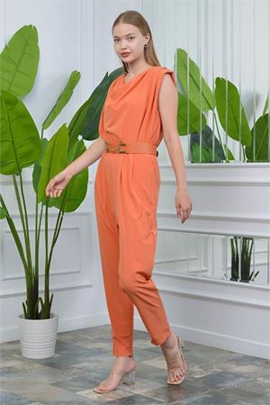 Neşeli butik orange kadın vatkalı kemer detaylı sıfır kol cepli tulum NB10051