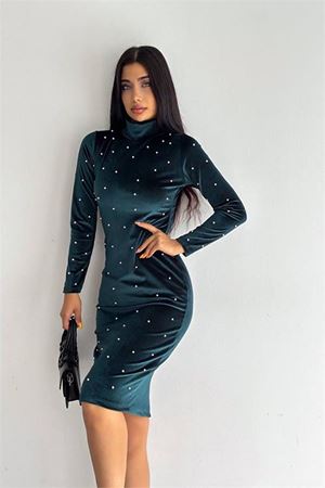 Neşeli butik kadın inci detaylı mini kadife elbise KKLF77 - Yeşil