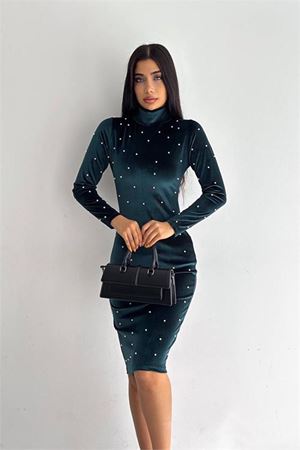Neşeli butik kadın inci detaylı mini kadife elbise KKLF77 - Yeşil