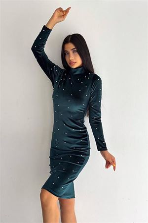Neşeli butik kadın inci detaylı mini kadife elbise KKLF77 - Yeşil