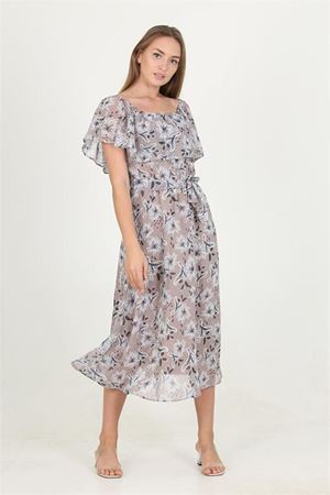 Neşeli butik kadın madonna yaka kuşaklı desenli şifon elbise RY10037