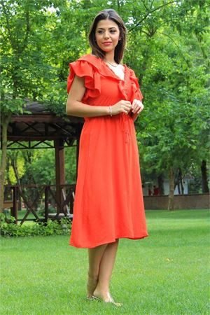Neşeli butik kadın turuncu yaka ve kolları fırfırlı bağlama detaylı ayrobin elbise NB10050