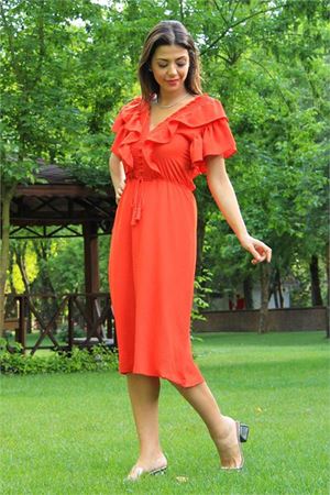 Neşeli butik kadın turuncu yaka ve kolları fırfırlı bağlama detaylı ayrobin elbise NB10050