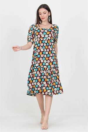 Neşeli butik kadın turkuaz kare yaka eteği fırfırlı çiçek desenli viskon elbise NB10026