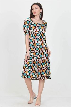 Neşeli butik kadın turkuaz kare yaka eteği fırfırlı çiçek desenli viskon elbise NB10026