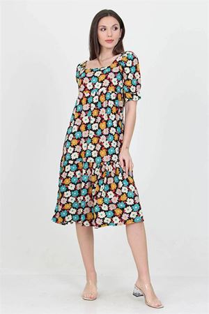 Neşeli butik kadın turkuaz kare yaka eteği fırfırlı çiçek desenli viskon elbise NB10026
