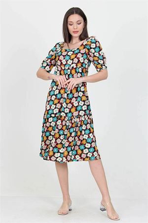 Neşeli butik kadın turkuaz kare yaka eteği fırfırlı çiçek desenli viskon elbise NB10026