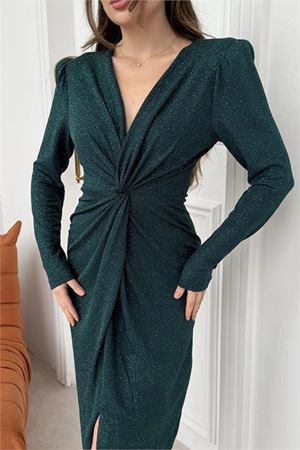 Neşeli butik kadın yeşil anvelop büzgülü simli premium midi elbise NBELB08