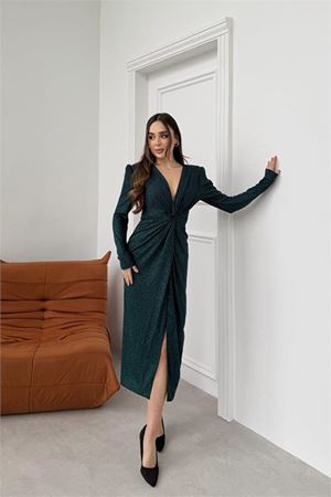 Neşeli butik kadın yeşil anvelop büzgülü simli premium midi elbise NBELB08