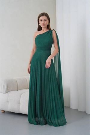 Neşeli butik kadın yeşil tek omuz tokalı drape detaylı ışıltılı tül kumaş abiye elbise NBS9388