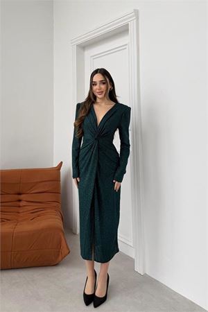 Neşeli butik kadın yeşil anvelop büzgülü simli premium midi elbise NBELB08