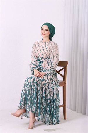 Neşeli butik kadın şifon eteği fırfırlı desenli tesettür elbise SMS008