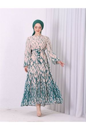 Neşeli butik kadın şifon eteği fırfırlı desenli tesettür elbise SMS008