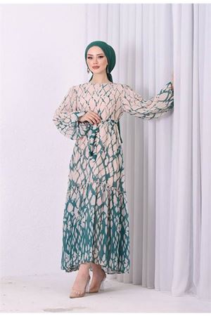 Neşeli butik kadın şifon eteği fırfırlı desenli tesettür elbise SMS008