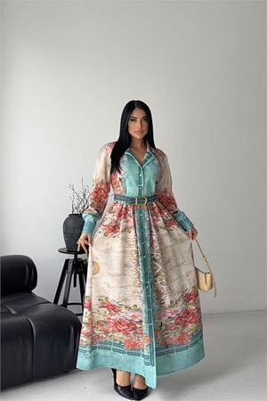 Neşeli butik kadın yeşil düğme detaylı desenli tam boy kemerli tasarım elbise NBMS25110